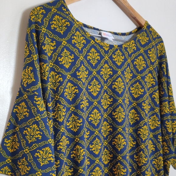 Lularoe Irma Elegant Blue and Yellow Patterned Women's Top - Picture 2 of 5